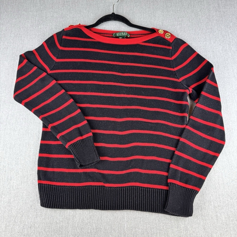 Lauren Ralph Lauren Sweater Womens L Navy‎ Red Stripe Gold Button Cotton